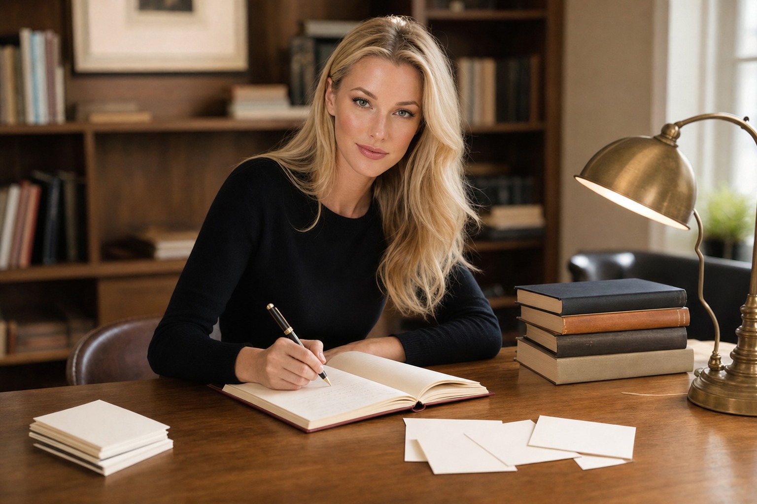 Nicole Junkerman writing in a notebook beside an open book and stacked volumes at a desk.