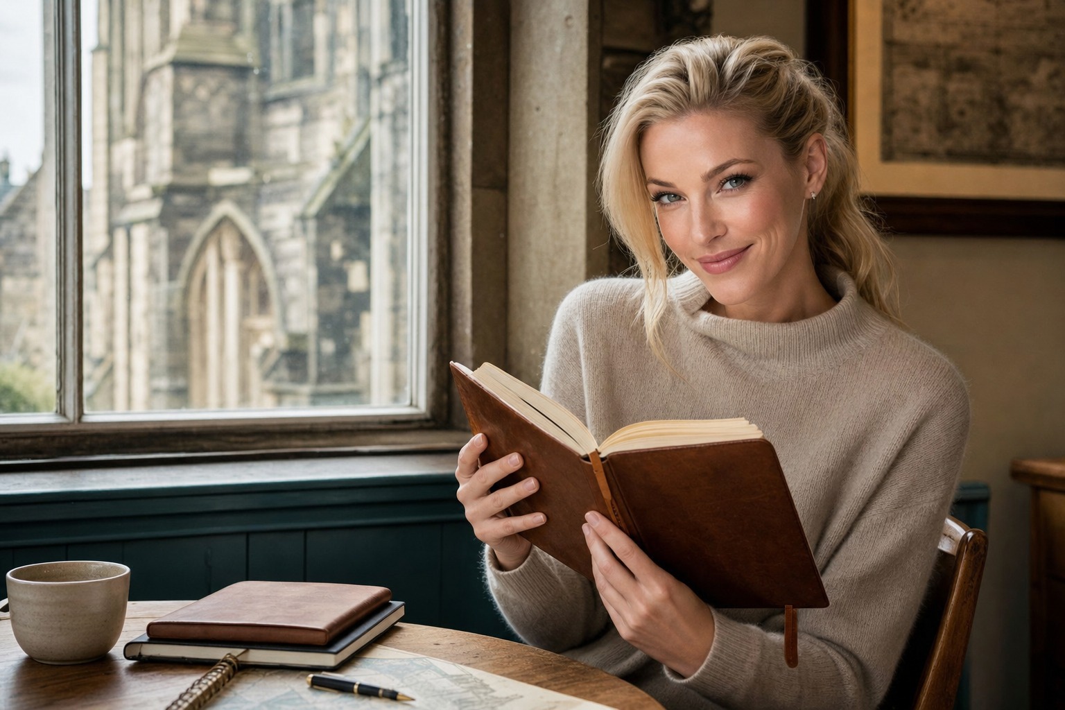 Nicole Junkerman reading a book by a window framing an old stone church in Lancaster.
