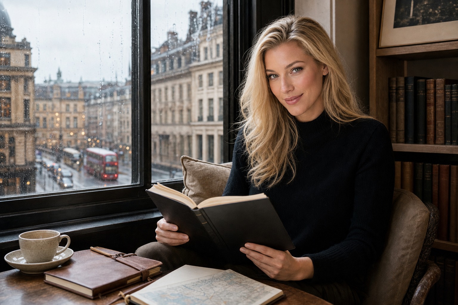 Nicole Junkerman reading by a tall window framing a rainy London street with grand stone buildings.