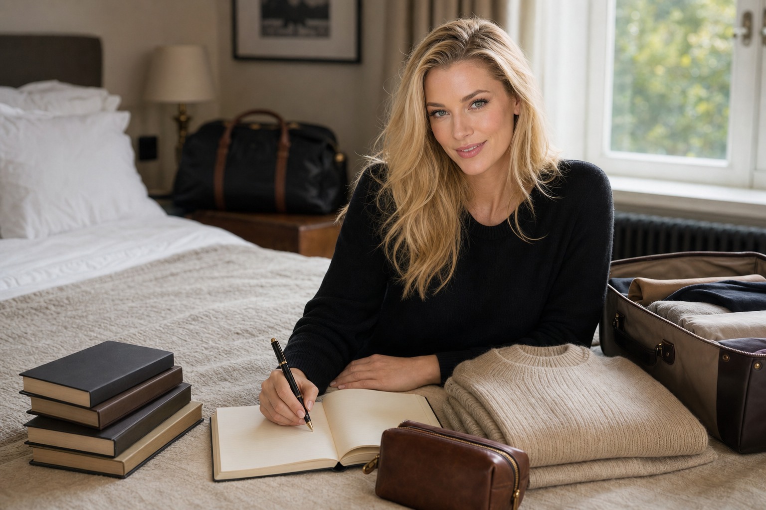 Nicole Junkerman writing in a notebook on a bed beside a folded sweater, a leather case and a small stack of books.
