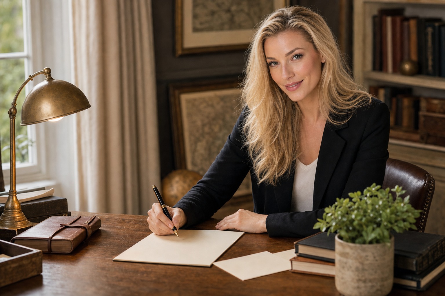 Nicole Junkerman writing a note on cream stationery at a desk with a brass lamp and a small plant.