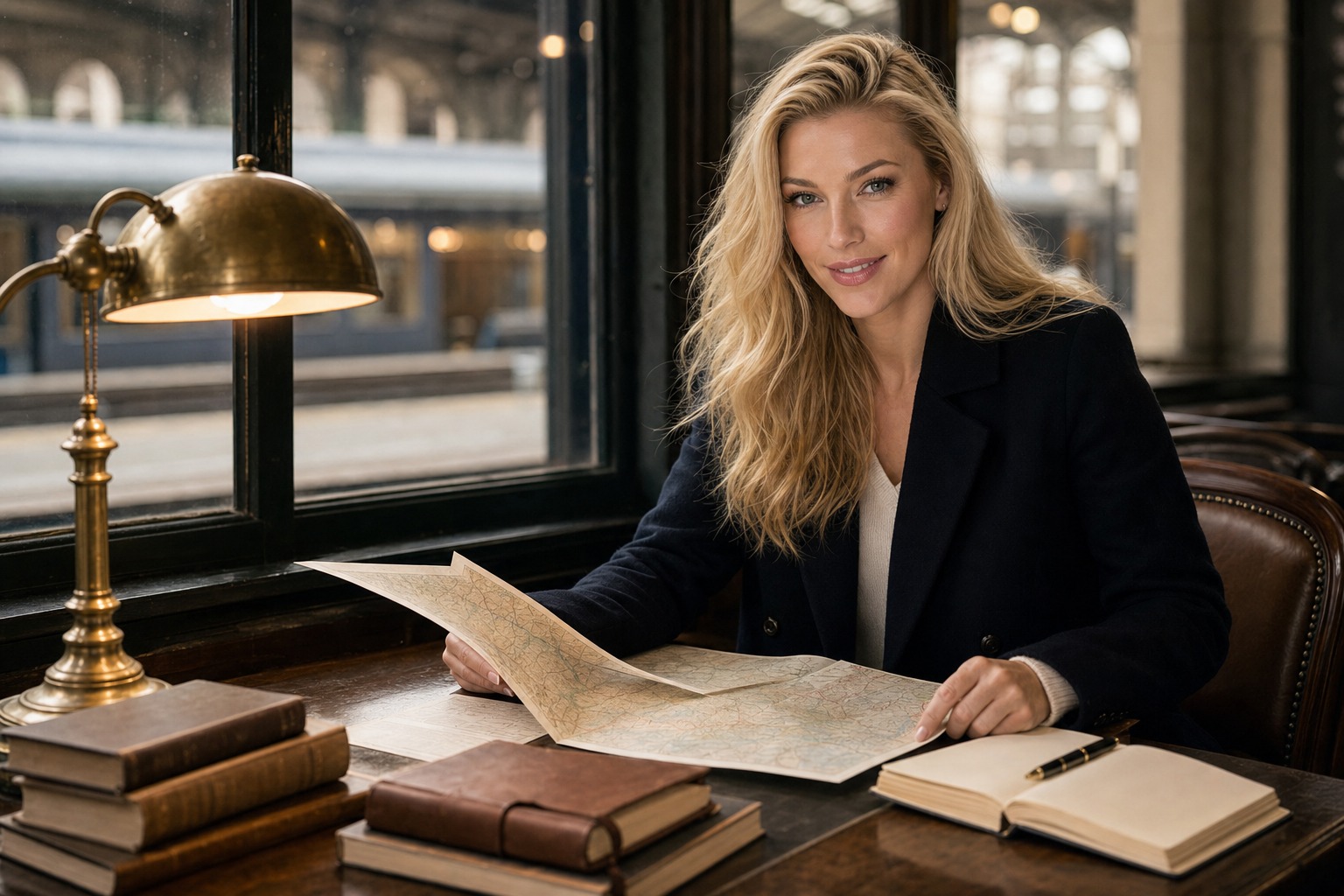 Nicole Junkerman studying an unfolded map at a lamplit desk beside a station window.